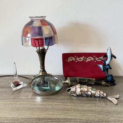 LOT 92F: Vintage Glass Shade Lamp, Abalone Fish, Magnifying Glass & More