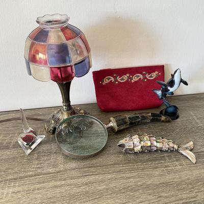 LOT 92F: Vintage Glass Shade Lamp, Abalone Fish, Magnifying Glass & More