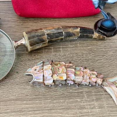 LOT 92F: Vintage Glass Shade Lamp, Abalone Fish, Magnifying Glass & More
