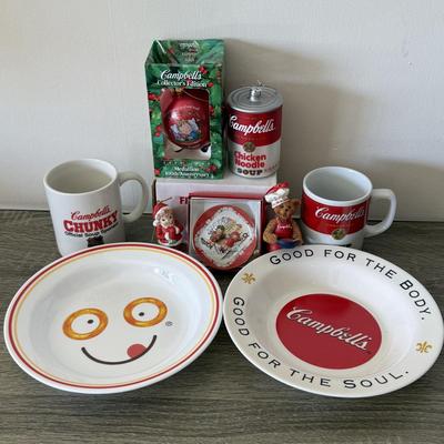 LOT 98K: Spaghettio's & Campbell's Soup Bowls w/ Collection of Campbell's Mugs & Christmas Tree Ornaments