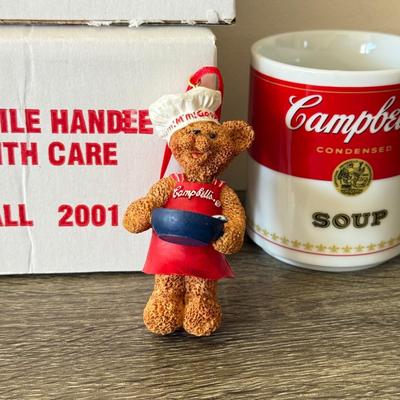 LOT 98K: Spaghettio's & Campbell's Soup Bowls w/ Collection of Campbell's Mugs & Christmas Tree Ornaments
