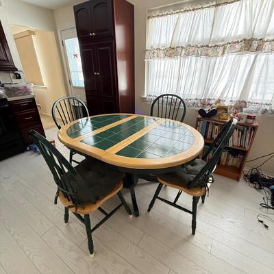 LOT 100K: Green Tile-Top Kitchen Dining Table w/ Four Matching Chairs