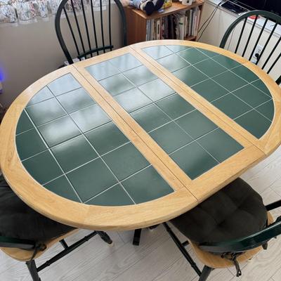 LOT 100K: Green Tile-Top Kitchen Dining Table w/ Four Matching Chairs
