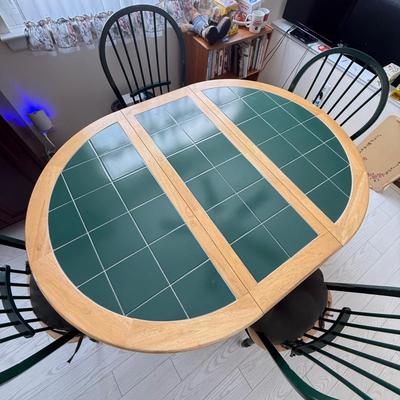 LOT 100K: Green Tile-Top Kitchen Dining Table w/ Four Matching Chairs