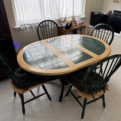 LOT 100K: Green Tile-Top Kitchen Dining Table w/ Four Matching Chairs