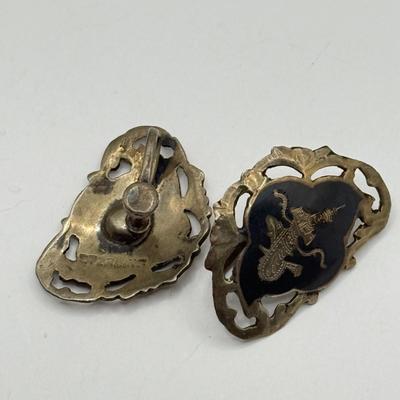 LOT 115J: Vintage 1920's Sterling Silver Nielloware Thai Diety Screwback Earrings & Vintage SIAM Sterling Silver Niello Enamel...