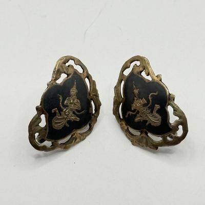LOT 115J: Vintage 1920's Sterling Silver Nielloware Thai Diety Screwback Earrings & Vintage SIAM Sterling Silver Niello Enamel...