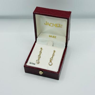 LOT 124J: 14kt Gold CZ Drop Pierced Earrings w/ Box (1.19g)