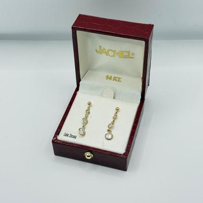 LOT 124J: 14kt Gold CZ Drop Pierced Earrings w/ Box (1.19g)