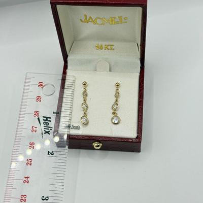 LOT 124J: 14kt Gold CZ Drop Pierced Earrings w/ Box (1.19g)