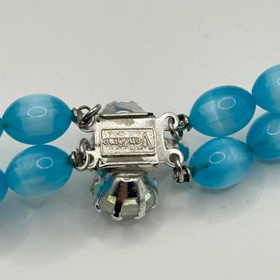 LOT 132J: Stunning Vintage Vendome Multi Strand Blue Moonglow Bead and Aurora Borealis Necklace w/ Matching Clip Earrings