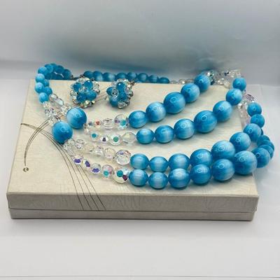 LOT 132J: Stunning Vintage Vendome Multi Strand Blue Moonglow Bead and Aurora Borealis Necklace w/ Matching Clip Earrings