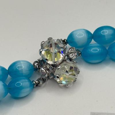LOT 132J: Stunning Vintage Vendome Multi Strand Blue Moonglow Bead and Aurora Borealis Necklace w/ Matching Clip Earrings