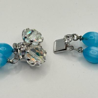 LOT 132J: Stunning Vintage Vendome Multi Strand Blue Moonglow Bead and Aurora Borealis Necklace w/ Matching Clip Earrings