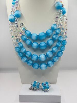LOT 132J: Stunning Vintage Vendome Multi Strand Blue Moonglow Bead and Aurora Borealis Necklace w/ Matching Clip Earrings