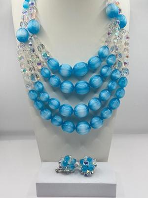 LOT 132J: Stunning Vintage Vendome Multi Strand Blue Moonglow Bead and Aurora Borealis Necklace w/ Matching Clip Earrings