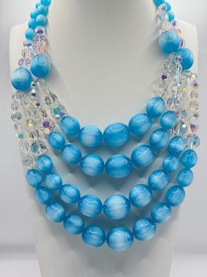LOT 132J: Stunning Vintage Vendome Multi Strand Blue Moonglow Bead and Aurora Borealis Necklace w/ Matching Clip Earrings