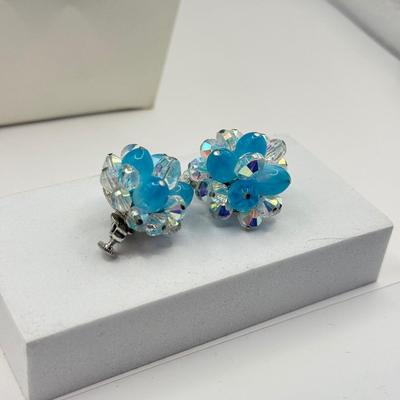 LOT 132J: Stunning Vintage Vendome Multi Strand Blue Moonglow Bead and Aurora Borealis Necklace w/ Matching Clip Earrings