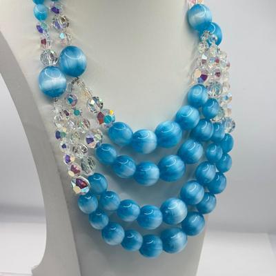 LOT 132J: Stunning Vintage Vendome Multi Strand Blue Moonglow Bead and Aurora Borealis Necklace w/ Matching Clip Earrings