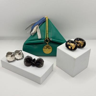 LOT 133J: Vintage Intaglio Earrings, Silvertone Leaf Earrings, Coin Purse & Black Clip EArrings