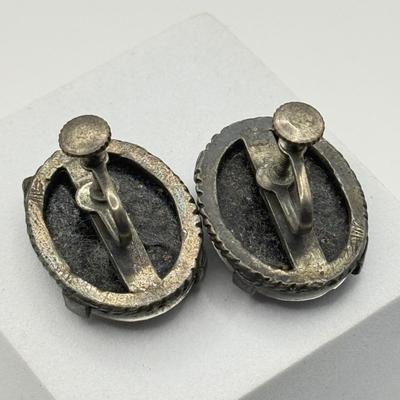 LOT 133J: Vintage Intaglio Earrings, Silvertone Leaf Earrings, Coin Purse & Black Clip EArrings