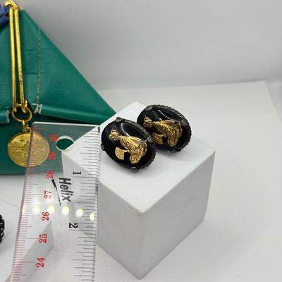 LOT 133J: Vintage Intaglio Earrings, Silvertone Leaf Earrings, Coin Purse & Black Clip EArrings