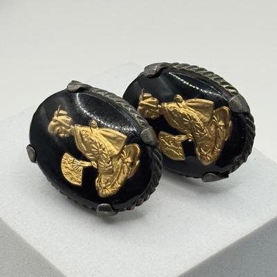 LOT 133J: Vintage Intaglio Earrings, Silvertone Leaf Earrings, Coin Purse & Black Clip EArrings
