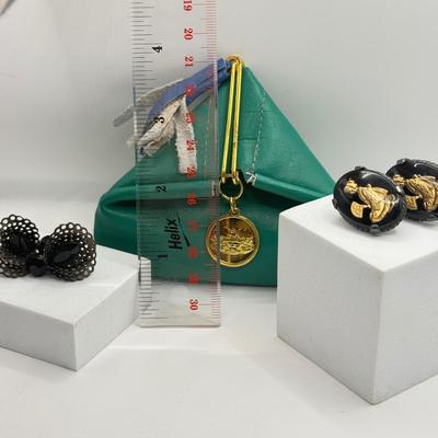 LOT 133J: Vintage Intaglio Earrings, Silvertone Leaf Earrings, Coin Purse & Black Clip EArrings