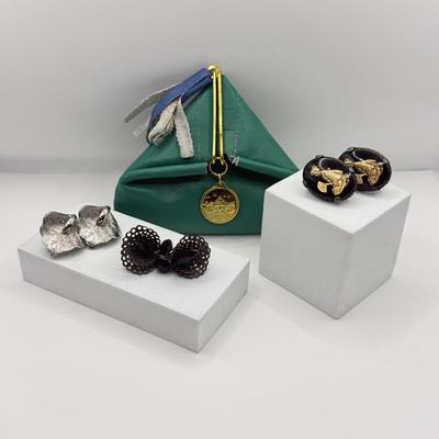 LOT 133J: Vintage Intaglio Earrings, Silvertone Leaf Earrings, Coin Purse & Black Clip EArrings