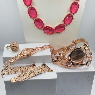 LOT 138J: Rose Gold Jewelry Collection: Apple Watch Band, Henri Bendel Bangles, Studio Time Quartz Cuff Watch, Geneva Watch & More