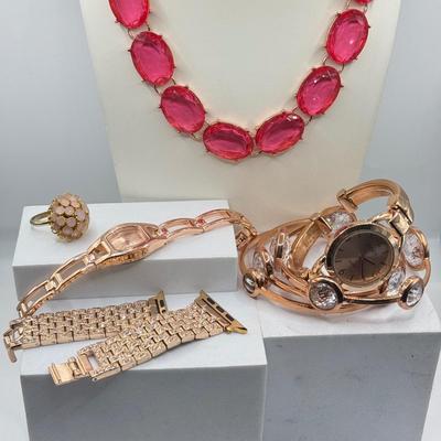 LOT 138J: Rose Gold Jewelry Collection: Apple Watch Band, Henri Bendel Bangles, Studio Time Quartz Cuff Watch, Geneva Watch & More