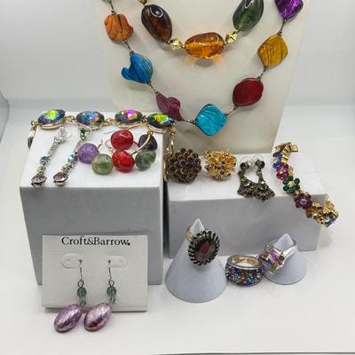 LOT 139J: Colorful Stone Bead Necklaces, Croft & Barrow Drop Earrings, Flower Stretch Bracelet, Watermelon Crystal Bracelet, Colorful...