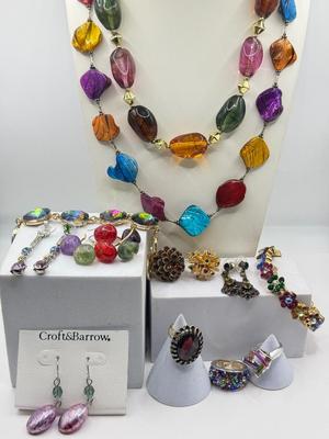 LOT 139J: Colorful Stone Bead Necklaces, Croft & Barrow Drop Earrings, Flower Stretch Bracelet, Watermelon Crystal Bracelet, Colorful...