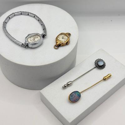 LOT 142: Vintage Stick Pins incl. Gold Fill, Vintage Eldorado 17 Jewels Ladies' Watch & Vintage Bulova 10k Gold Filled Watch Face