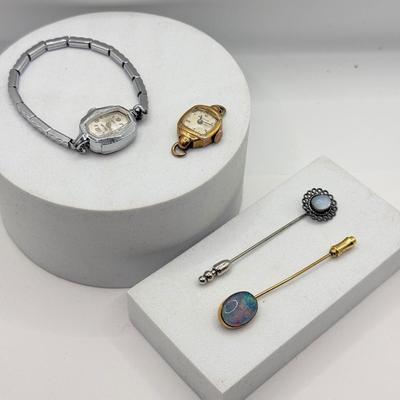LOT 142: Vintage Stick Pins incl. Gold Fill, Vintage Eldorado 17 Jewels Ladies' Watch & Vintage Bulova 10k Gold Filled Watch Face