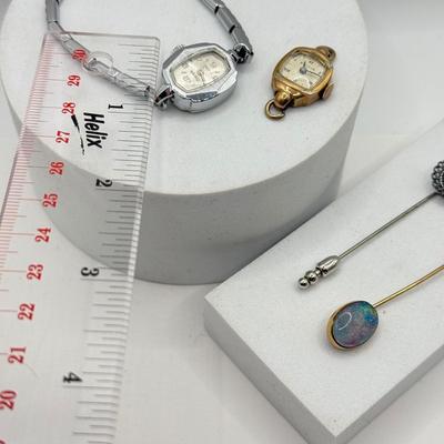LOT 142: Vintage Stick Pins incl. Gold Fill, Vintage Eldorado 17 Jewels Ladies' Watch & Vintage Bulova 10k Gold Filled Watch Face