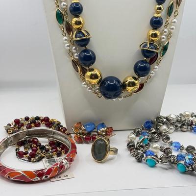 LOT 149J: Beaded Necklaces, Enamel Hinge Bangle Bracelet, Ring, Earrings