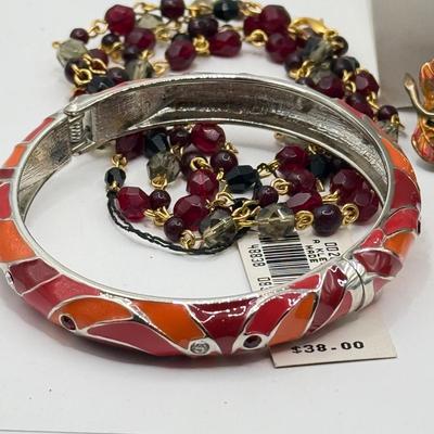 LOT 149J: Beaded Necklaces, Enamel Hinge Bangle Bracelet, Ring, Earrings