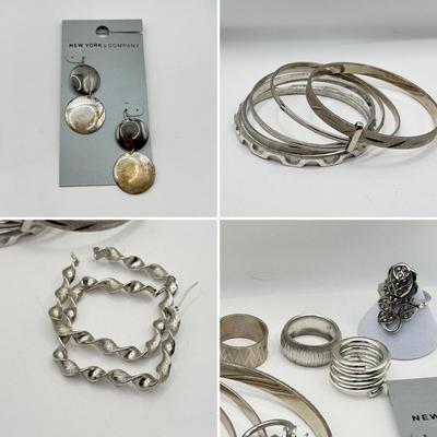 LOT 150J: Silvertone Jewelry Collection: NY & Co Earrings, Bangle Bracelets, Rings & More