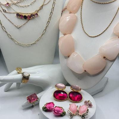 LOT 158J: Pink & Gold Tone Necklaces, Rings & Earrings