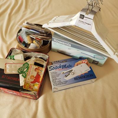 LOT 166Z: Sewing Notions, Rowenta Steamer, Stitch Mate(NIB) & Pack of Wooden Hangers