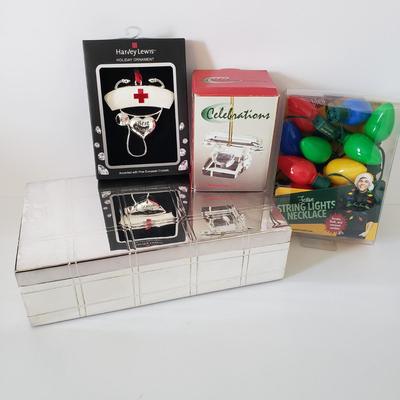 LOT 174Z: Pottery Barn Silver Plated Box, New in Box Christmas Ornaments & Novelty Christmas Light Necklace