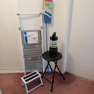 LOT 175X: Step Stools, Folding Seat, Rayovac Lantern & Swivel Mop