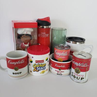 LOT 178Z: Campbell's Soup Collection with Souper Stars on Ice Mug, Andy Warhol Can. Coin Bank & More