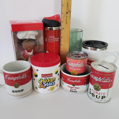 LOT 178Z: Campbell's Soup Collection with Souper Stars on Ice Mug, Andy Warhol Can. Coin Bank & More