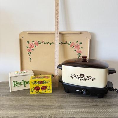 LOT 181L: Vintage West Bend Cream Brown Slow Cooker, Painted "Breakfast in Bed" Tray & Vintage Recipe Boxes