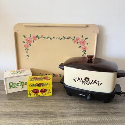 LOT 181L: Vintage West Bend Cream Brown Slow Cooker, Painted "Breakfast in Bed" Tray & Vintage Recipe Boxes