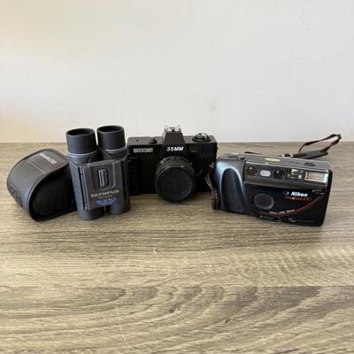 LOT 182K: Olympus 10x25 RCII Binoculars & 35mm Film Cameras: Quickshot & Nikon OneTouch 100