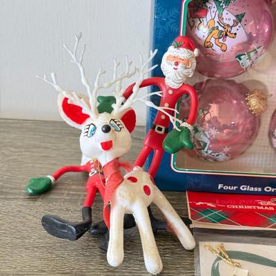 LOT 191L: Vintage Mini Ball Tree Ornaments, Disney & More: Glass Christmas Balls w/ Characters, Stretchy Santas, Sebastian Ornament...