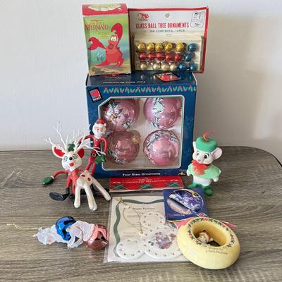 LOT 191L: Vintage Mini Ball Tree Ornaments, Disney & More: Glass Christmas Balls w/ Characters, Stretchy Santas, Sebastian Ornament...